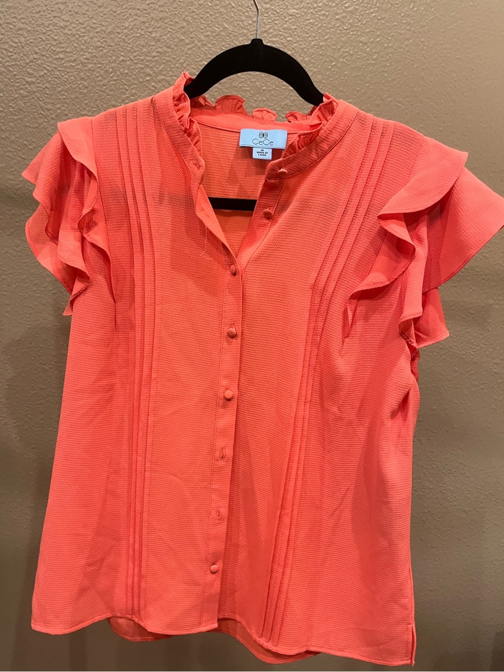 Coral Ruffle Sleeve Button-Front Blouse